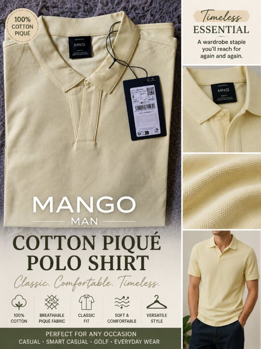 NWT Mango Man Cotton Piqué Polo Shirt Slim Fit Pale Yellow Size Small